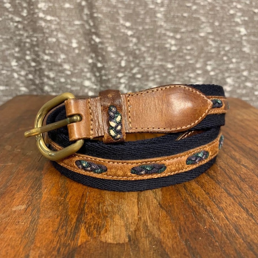 Paul Stuart Mens Woven Surcingle Belt Navy Blue Leather Solid Brass Buckle 95-37